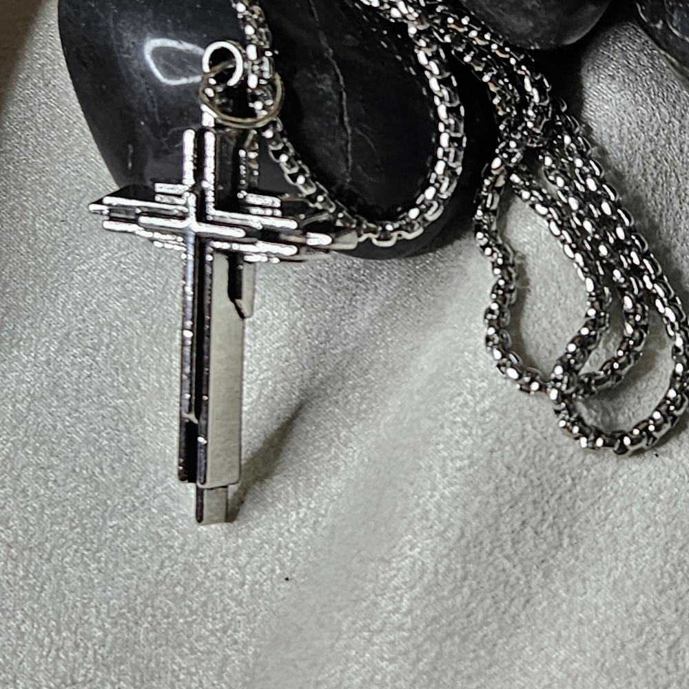 Silver Beveled Tier Cross Pendant